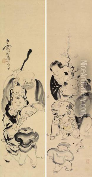 Hotei And Chinese Boys Playing Games Oil Painting - Ike no Taiga