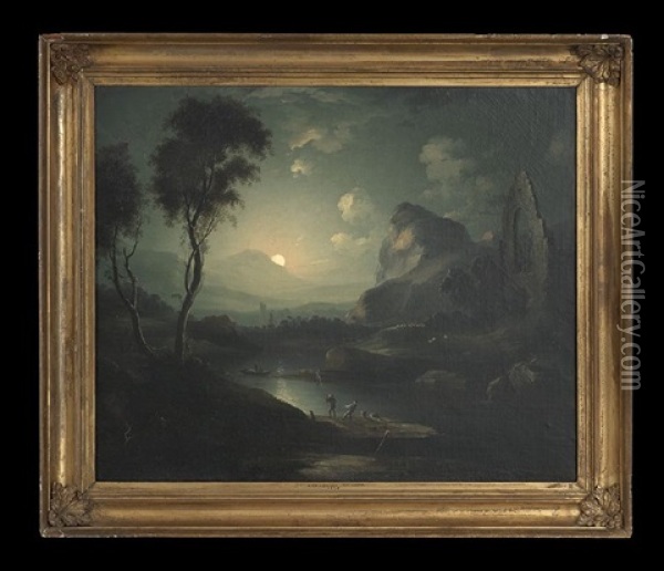 Moonlight Riverscape With Figures And Ruins Oil Painting - Sebastian Pether