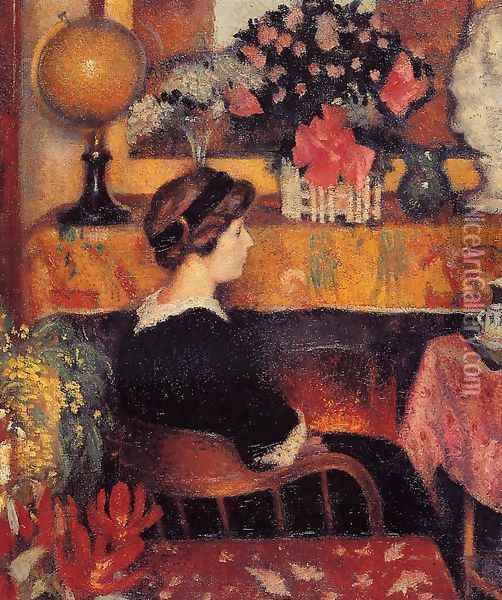 Madame Lemmen in a Flowery Interior Oil Painting - Georges Lemmen