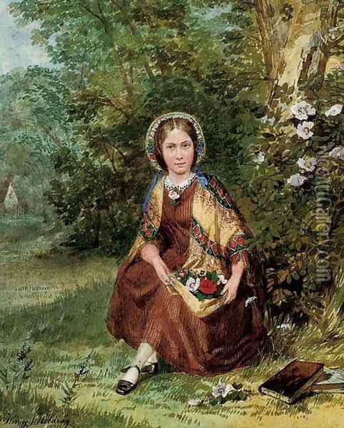 Portrait of a lady with flowers in her lap Oil Painting - Henry James G. Holding