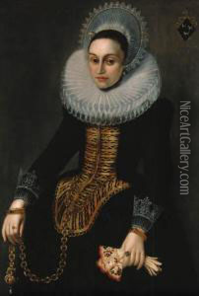 Portrait Of A Lady, 
Three-quarter-length, In A Black Dress With Agold Stomacher And A Ruff 
Holding A Pair Of Gloves And Achain Oil Painting - Paulus Moreelse