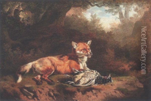 Fuchs Mit Totem Rebhuhn Am Waldrand Oil Painting - Charles (Jean-Ch. Ferdinand) Humbert