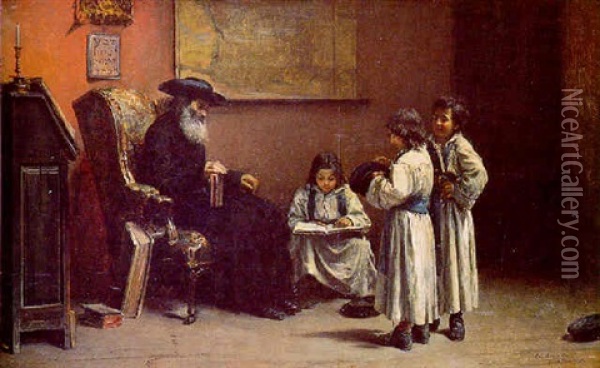 Rabbi With Children Oil Painting - Jacques Emile Edouard Brandon
