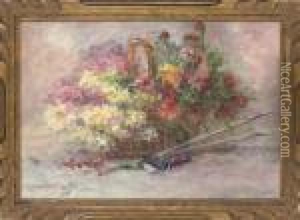 Chrysanthemums In A Basket Oil Painting - Jules Felix Ragot