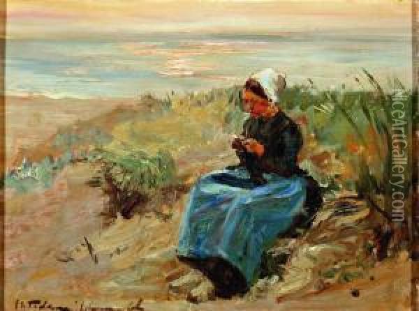 Vissersvrouw In Het Duin Tegen Zonsondergang Oil Painting - Tamine Tadama Groeneveld
