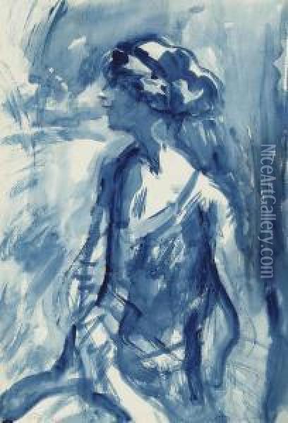Mrs John Carpenter: A Portrait Study In Blue Oil Painting - Ambrose McEvoy