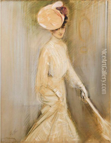 Portrait De Jeune Femme A L'ombrelle Oil Painting - Paul Cesar Helleu