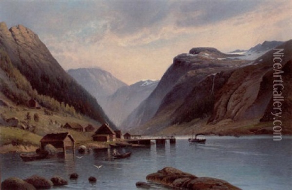 Parti Fra Hardangerfjorden, Hjuldamperen Er Ved At Laegge Til Oil Painting - Sigvard Marius Hansen