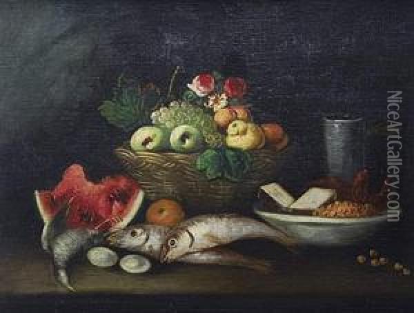 Bodegon Con Frutas, Peces, Ave, Flores Y Otros Objetos Oil Painting - Jose Maria Corchon