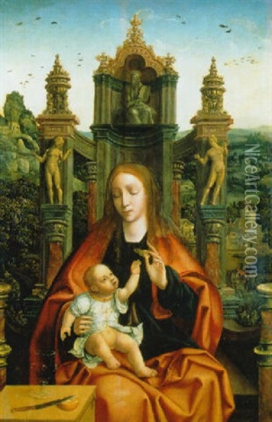 The Virgin And Child In An Ornate Throne Decorated With Sculptures Of Adam And Eve And God The Father Oil Painting - Joos Van Cleve