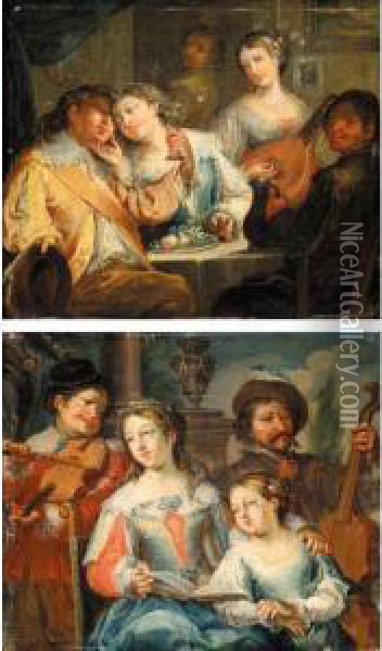 A Family Group Singing, A Man Playing An Instrument Behind Oil Painting - Johann Georg Platzer