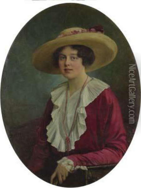 Portrait Einer Dame Mit Rotem Kleid Und Korallcollier Oil Painting - Fritz Grotemeyer
