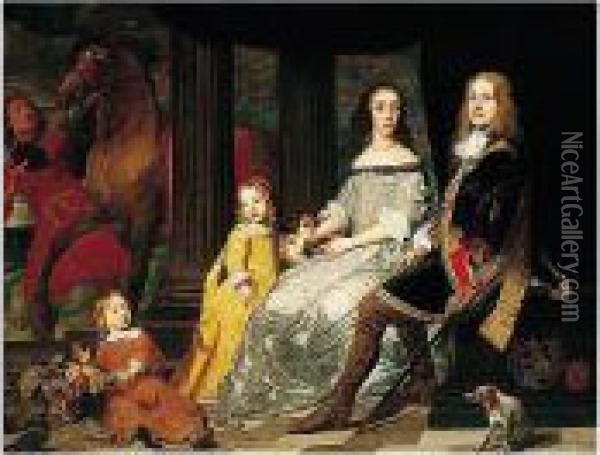 Portrait Of Philips Van De Werve
 And His Wife Isabelle (nee Charles), Seated With Their Children, 
Attended By A Groom With A Horse Oil Painting - Pieter Thijs