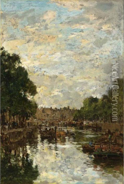 A View Of The Leuvenhaven, Rotterdam Oil Painting - Johann Hendrik Van Mastenbroek