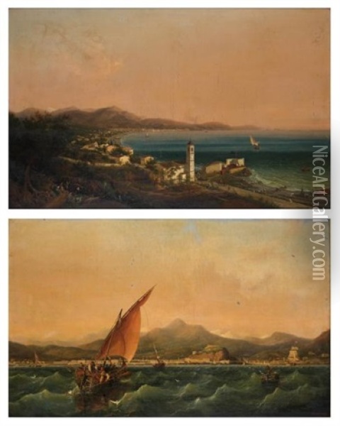 Vue De Nice Depuis La Mer (+ Vue De Nice Depuis Les Montagnes; Pair) Oil Painting - Ambroise Louis Garneray