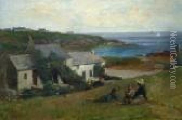 Coastal Scene With Children In The Foreground Oil Painting - Richard Wane