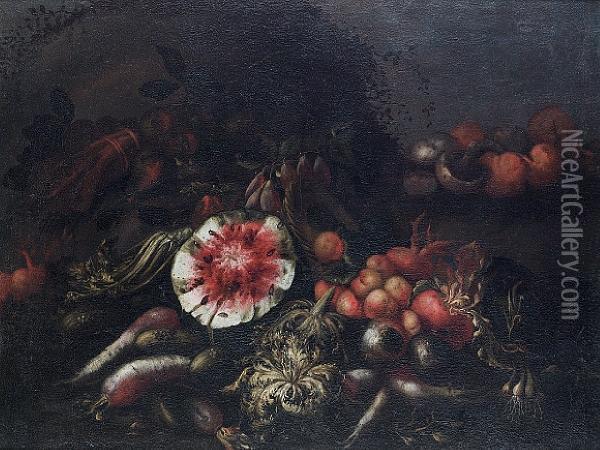 A Cut Watermelon, Peaches, Mushrooms And Other Fruit And Vegetables Oil Painting - Felice Boselli Piacenza