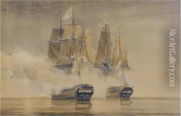 Action Between H.m.s. Amethyst And The French Frigate Thetis Oil Painting - Thomas Whitcombe