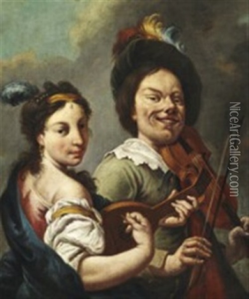 A Woman Is Playing The Mandolin While A Dwarf Is Trying To Play The Violin Oil Painting - Gerrit Van Honthorst