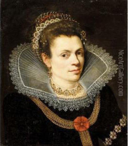 A Portrait Of A Lady, Head And 
Shoulders, Wearing A Black Dress, A White Ruff, A Pearl Necklace And A 
Diadem In Her Hair Oil Painting - Joseph Heinz I