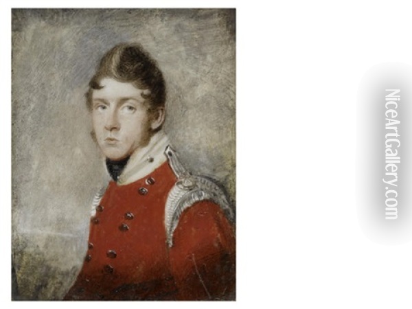 Lieutenant William Swiny Of The 6th Regiment Of The Light Company, Wearing Scarlet Coat With Pale Yellow Standing Collar And Silver Epaulettes, Black Stock Oil Painting - John Comerford