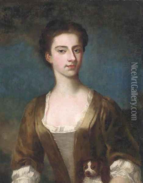 Portrait of Elizabeth Warburton, bust-length, in a brown dress with lace trim Oil Painting - Hoare, William, of Bath