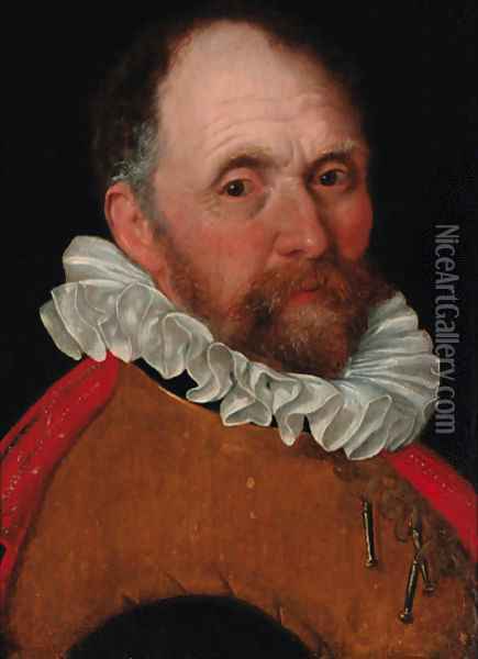 Portrait of an elderly man, bust-length, in a jerkin and a red cloak Oil Painting - Cornelis Ketel