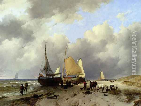 Unloading The Catch Oil Painting - Remigius Adriannus van Haanen