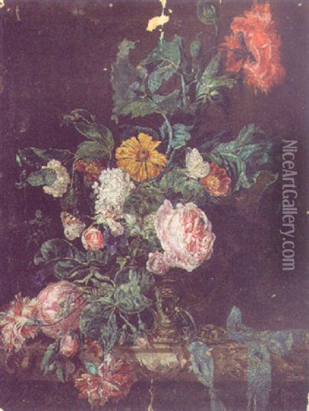 Tulips, Roses And Daisies In A Vase On A Marble Ledge Oil Painting - Willem Van Aelst