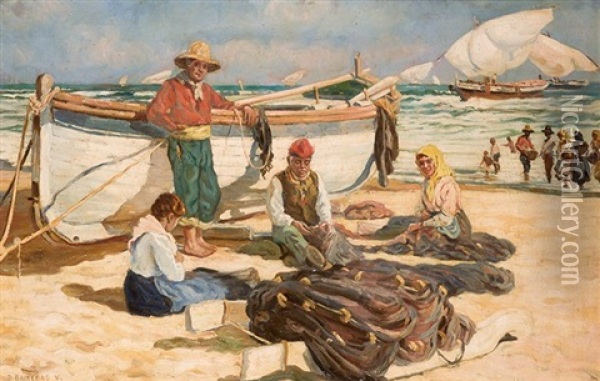 Pesacadores En La Playa Oil Painting - Dionisio Baixeras y Verdaguer