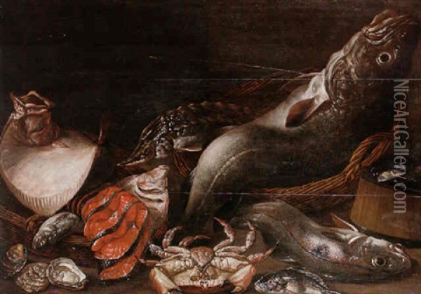 Still Life Of Salt Water Fish In Baskets, Together With A Crab, Oysters And Mussels Oil Painting - Isaac Van Duynen
