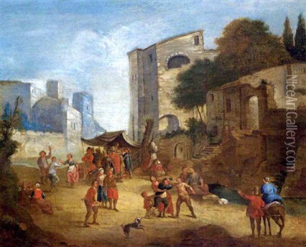 An Italianate Townscape With Peasants Brawling Oil Painting - Antoon Goubau