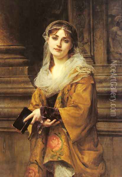 A Young Woman Outside a Church Oil Painting - Charles Louis Lucien Muller