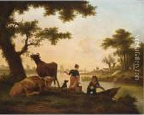 A River Landscape With A Couple 
Conversing Near A Ferry Together With Cows Near A Tree, Figures And 
Cattle On A Path Beyond Oil Painting - Frans Swagers
