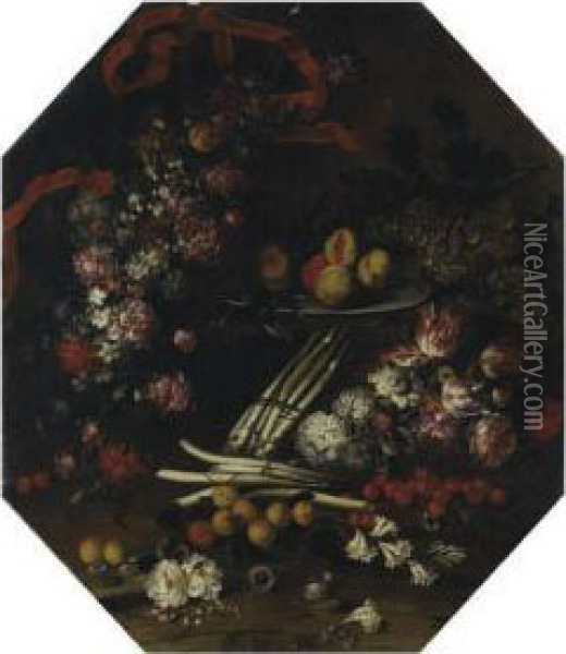 Fiori E Frutta Con Asparagi Oil Painting - Felice Boselli Piacenza