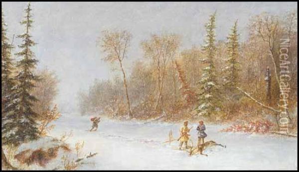 Caribou Hunters In A Winter Snow Storm Oil Painting - Cornelius Krieghoff