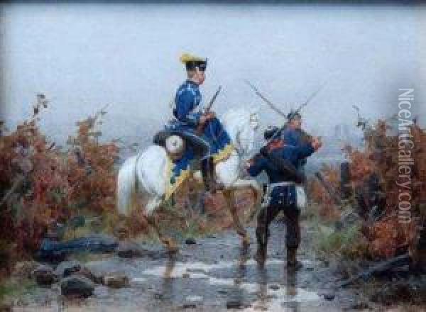 Oil On Panel,prussian Cavalry 
Officer And Infantry, Signed Chr Sell 79, 11.5cm X15cm, Framed. 
Illustrated Oil Painting - Christian I Sell