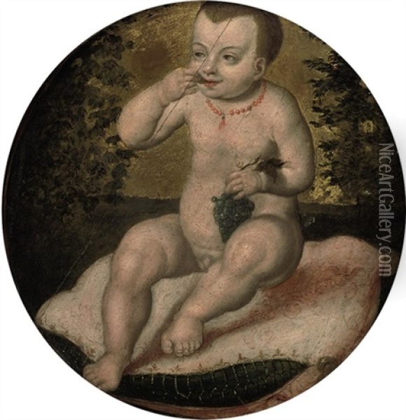 The Infant Christ, Seated On A Red Velvet Cushion, Eating Grapes Oil Painting - Joos Van Cleve
