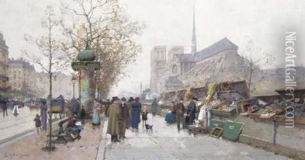 Bouquinistes Sur Le Quai De Tournelle, Paris Oil Painting - Eugene Galien-Laloue