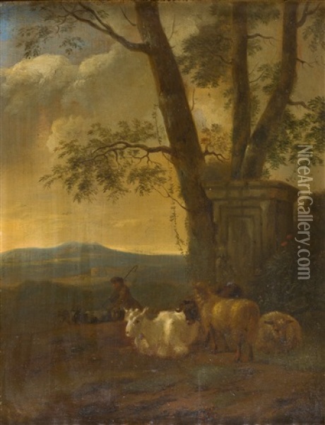 Ziegenhirte In Einer Hugeligen Landschaft Oil Painting - Jacob van der Does the Elder