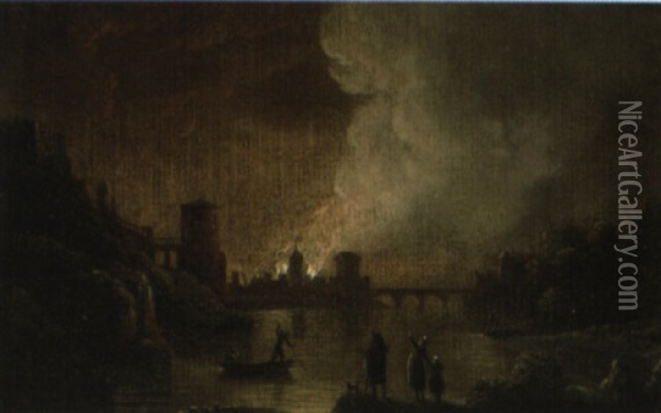 Fire In A River Town At Night Oil Painting - Egbert Lievensz van der Poel