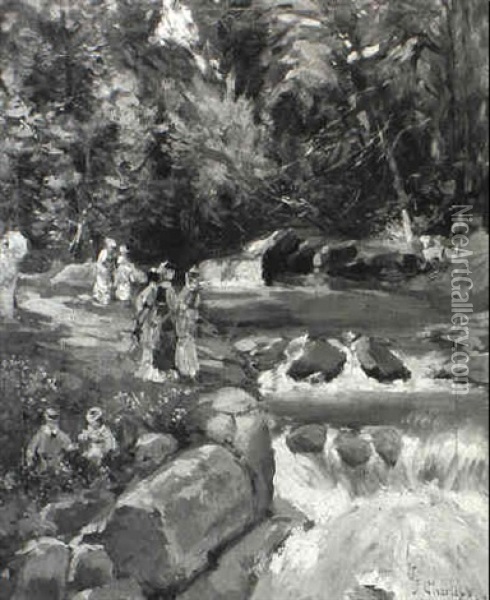 Figures Beside A Rushing Torrent Oil Painting - James Charles