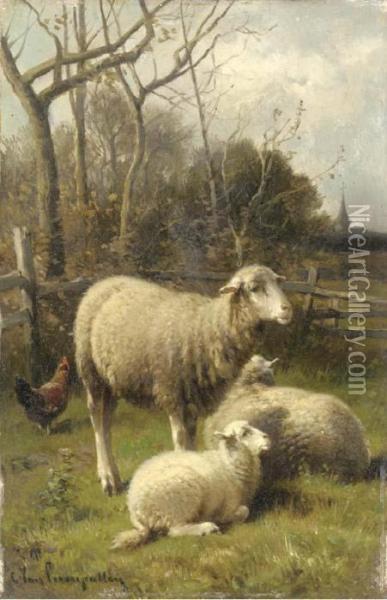 Sheep And A Hen In A Barnyard Oil Painting - Cornelis van Leemputten