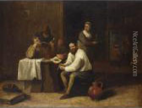 Peasants Sitting Around A Table And Smoking, Figures Near A Fireplace In The Background Oil Painting - Matheus van Helmont
