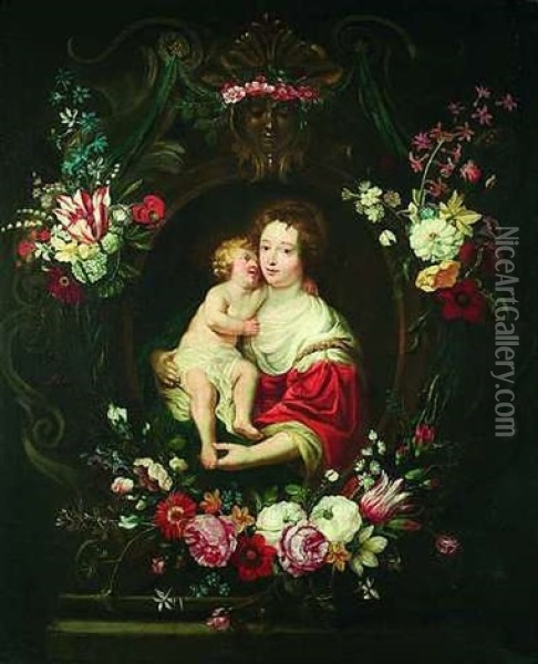 Blumengirlande Mit Madonna Und Kind (collab. W/jan Van Thielen) Oil Painting - Erasmus Quellinus II