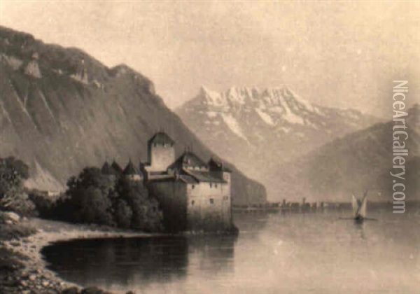 Blick Auf Schlos Chillon Und Villeneuve Im Hintergrund Oil Painting - Hubert Sattler