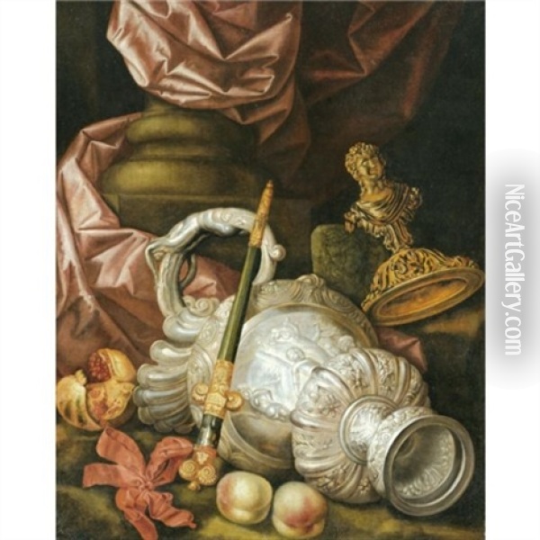 A Still Life With Silver Vessels, A Gold Encrusted Dagger, A Pomegranate And Peaches Oil Painting - Meiffren Conte