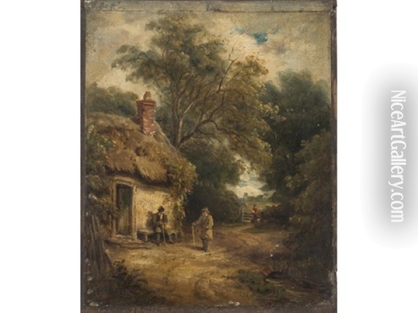 Figures Conversing Beside A Cottage; Woman Crossing A Stream; A Pair Oil Painting - John Moore Of Ipswich