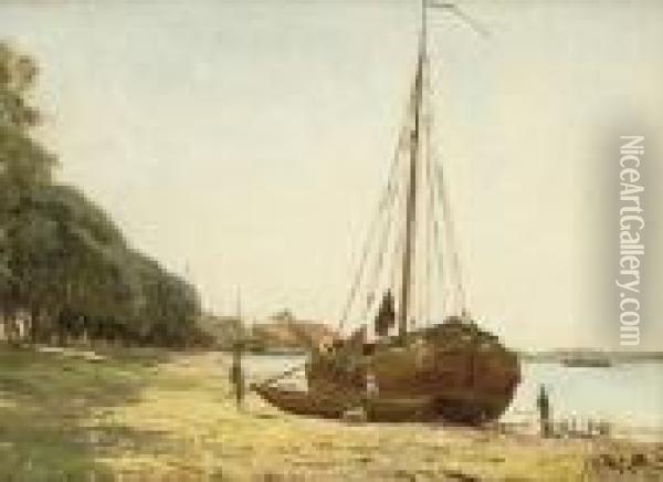 Sommerliche Kustenlandschaft Mit An Land Liegendem Segelboot Und Figurenstaffage. Oil Painting - Johan Hendrik Doeleman