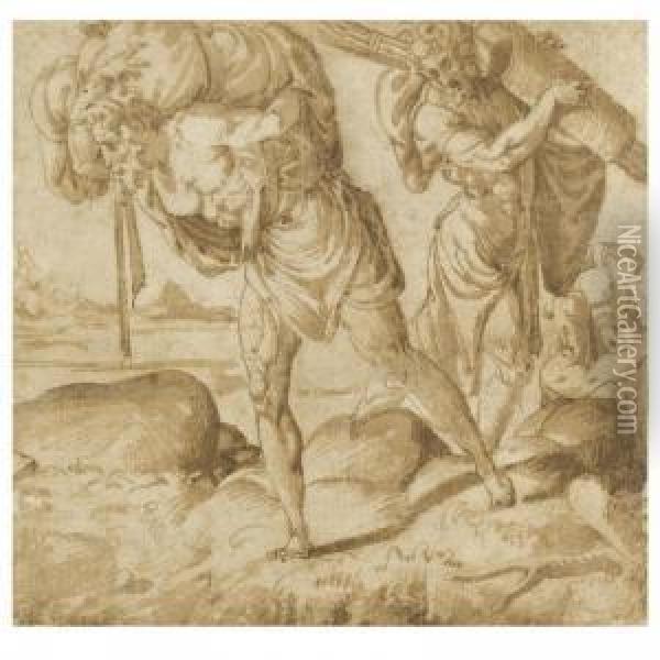 Three Men Bearing War Loot Up A Mountain Path Oil Painting - Rancesco De' Rossi (see Salviati, Cecchino Del)